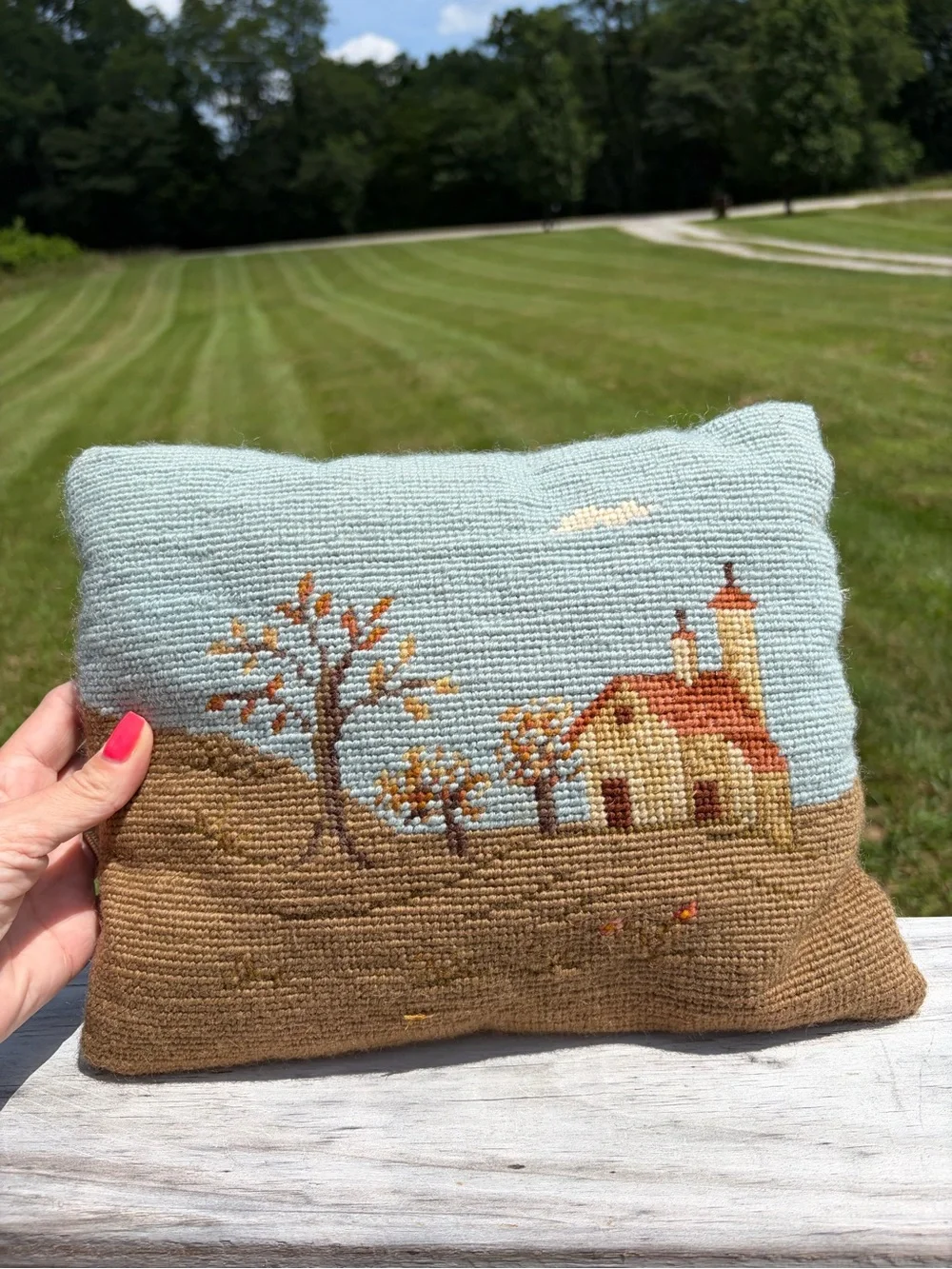 Vintage Needlepoint Pillow House Landscape Decorative Small Velvet Cottagecore